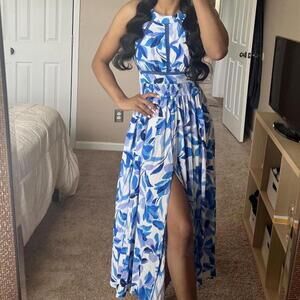 Abel the label blue and white open back floral print maxi dress